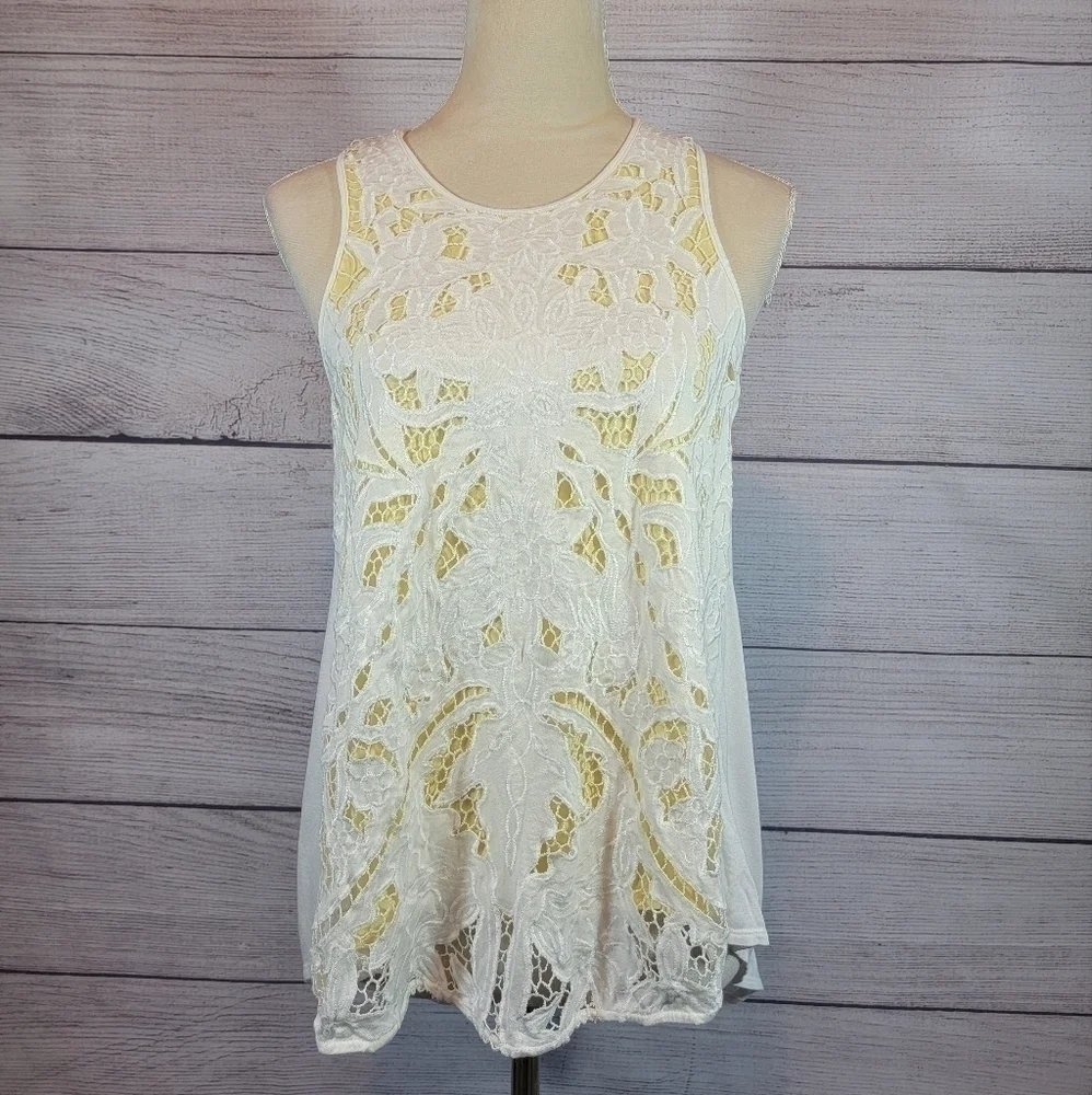 ANTHROPOLOGIE Akemi + Kin Lace Tank Top Cami Yellow White Size Small - Picture 3 of 8